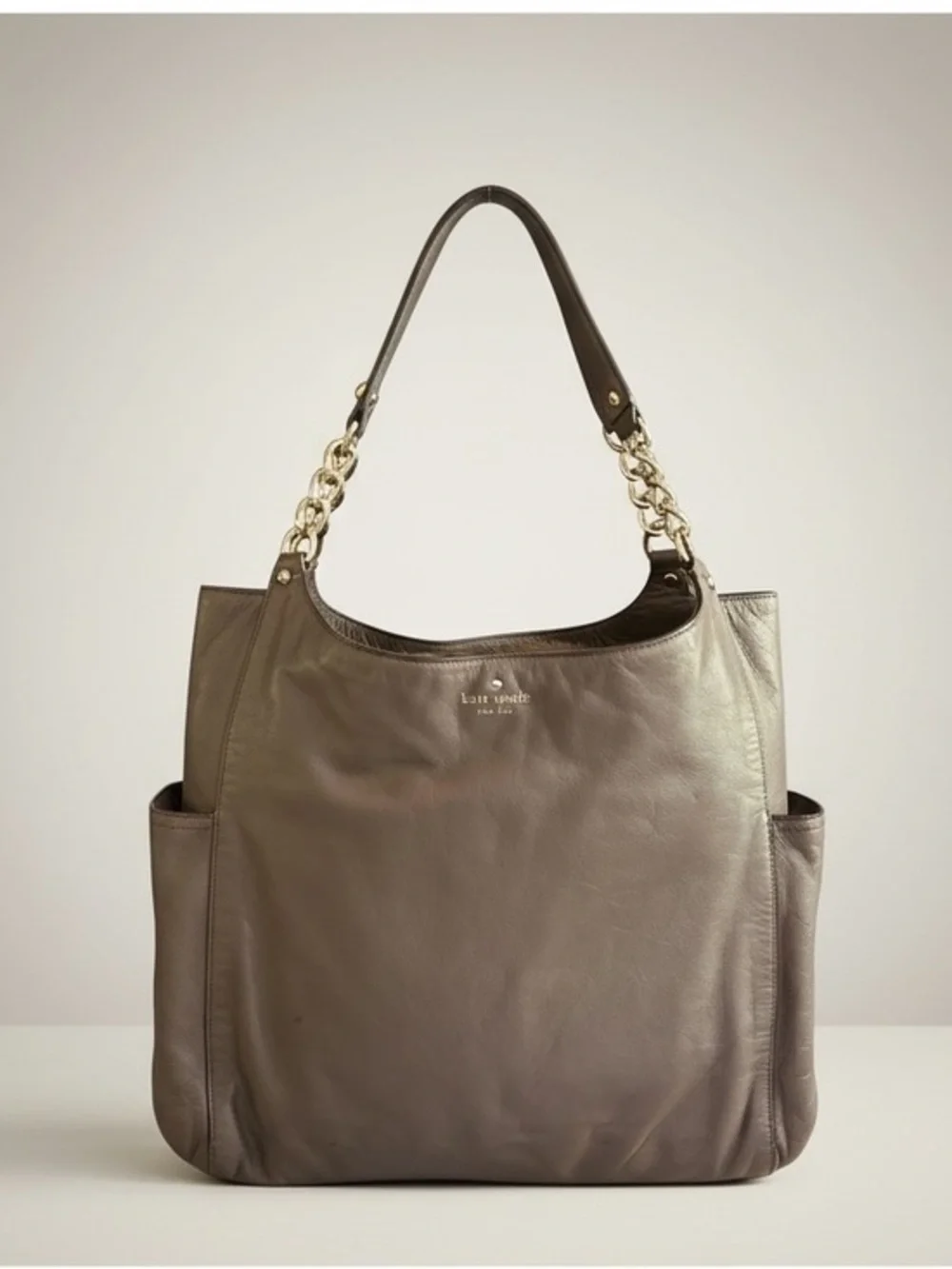 ✨ Kate Spade Taupe Pebbled Leather Chain Tote Large Neutral Shoulder Bag